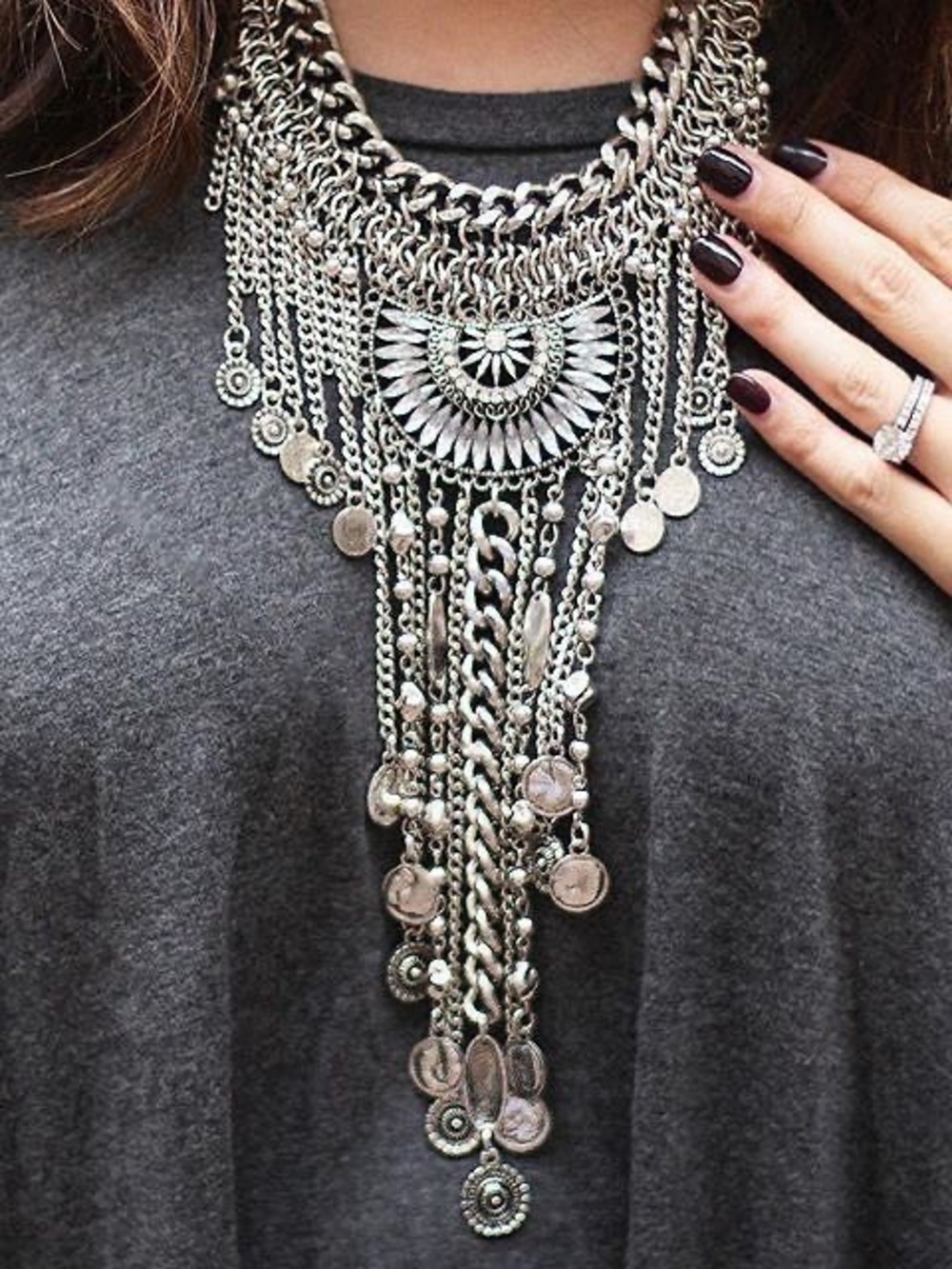 Silver Statement Fringe Bib Necklace - Women Jewelry